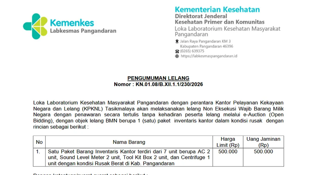 Pengumuman Lelang BMN Loka Labkesmas Pangandaran
