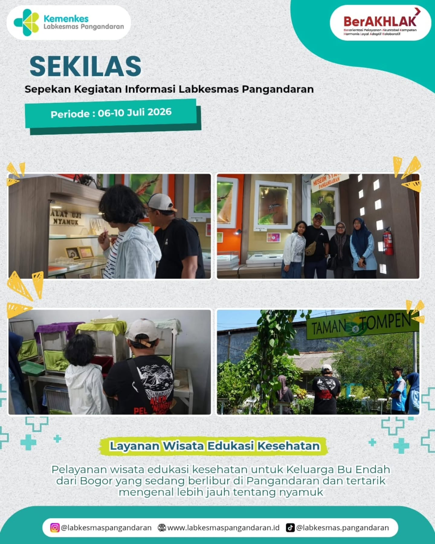 Halo Sahabat Loka! 👋

Kembali lagi dengan SEKILAS (Sepekan Kegiatan Informasi Labkesmas Pangandaran)

Sekilas edisi pekan ini (6 - 10 Juli 2026) merangkum beberapa kegiatan yaitu apel pagi hari Senin, Rapat pemenuhan, persiapan dan pemaparan progress data dukung akreditasi, kunjungan wisata edukasi kesehatan, diskusi persiapan surveilans berbasis labkesmas dan simulasi alur pelayanan sesuai SOP.

yuk, simak kilas balik kegiatan kami pekan ini!🤝🏽

#rekapkegiatan
#sekilasllkmpnd
#labkesmaspangandaran
#kemenkesri