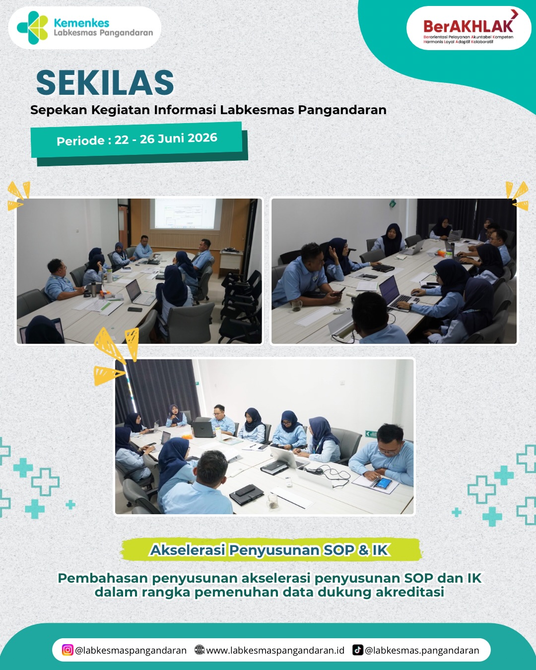 Halo Sahabat Loka! 👋🏻

Kembali lagi dengan SEKILAS (Sepekan Kegiatan Informasi Labkesmas Pangandaran) 🙌🏻✨

SEKILAS kali ini merangkum kegiatan periode 22–26 Juni 2026. Berbagai kegiatan telah dilaksanakan sebagai bentuk komitmen Labkesmas Pangandaran dalam mendukung pelayanan, kolaborasi, persiapan akreditasi, dan evaluasi kinerja dalam periode triwulan II.

Yuk, simak kilas balik kegiatan kami pekan ini! 🤝

#rekapkegiatan
#sekilasllkmpnd
#labkesmaspangandaran
#kemenkesri