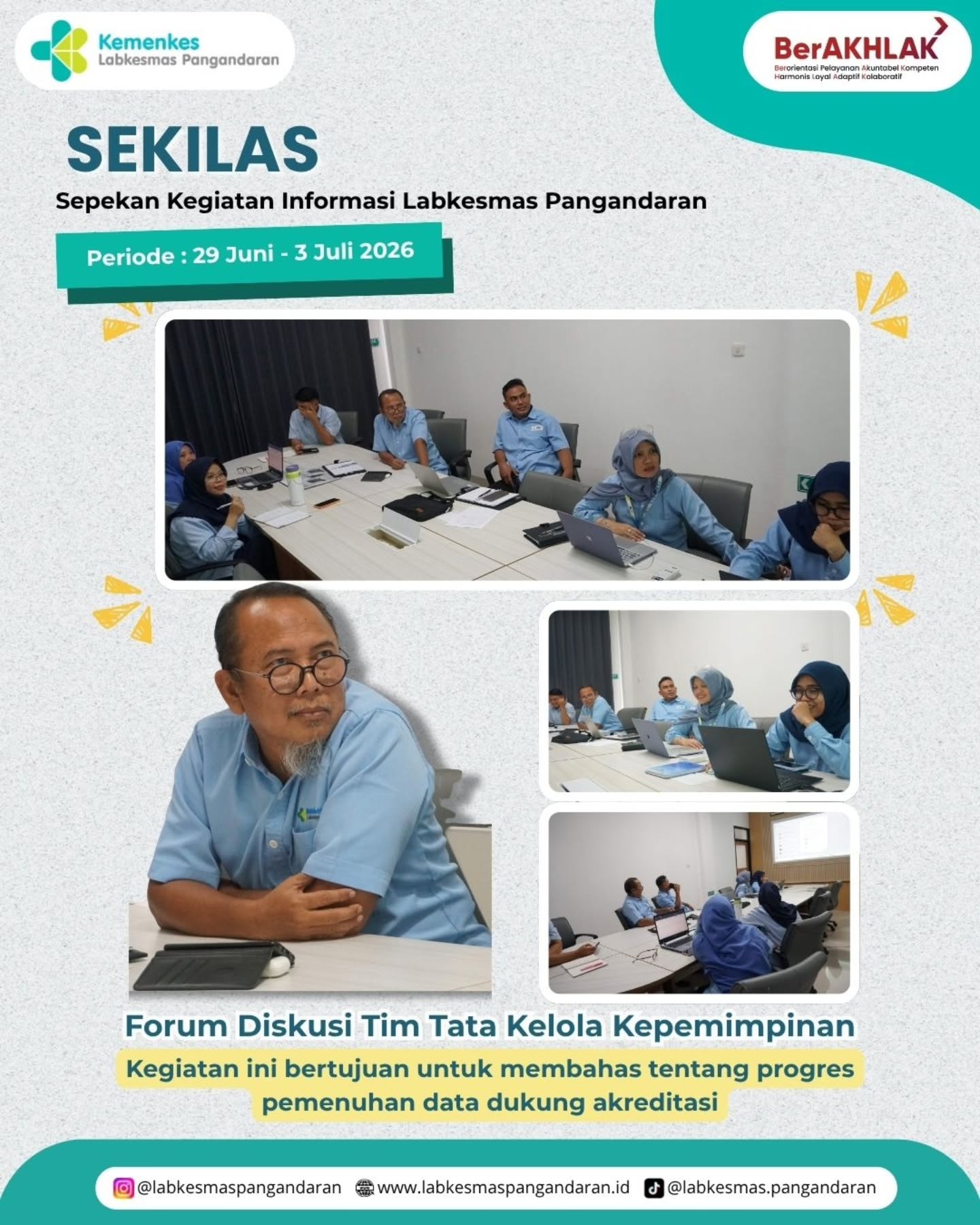 Halo Sahabat Loka! 👋🥳

Kembali lagi dengan SEKILAS (Sepekan Kegiatan Informasi Labkesmas Pangandaran)🤩

Dalam sekilas kali ini kami merangkum berbagai kegiatan yang telah dilaksanakan di akhir pekan Juni 2026 dan mengawali awal Juli 2026, dengan kegiatan monitoring, evaluasi, dan koordinasi dilakukan untuk meninjau capaian kinerja, memperkuat sinergi antar tim, serta menyusun tindak lanjut guna meningkatkan kualitas pelayanan dan pelaksanaan program secara berkelanjutan.

yuk, simak kilas balik kegiatan kami pekan ini!🤝🏽

#rekapkegiatan
#sekilasllkmpnd
#labkesmaspangandaran
#kemenkesri 
#triwulan